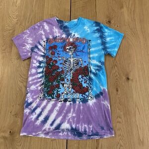 Grateful Dead T Shirt Liquid Blue Purple Tie Dye Skeleton Red Roses  Sz SMALL